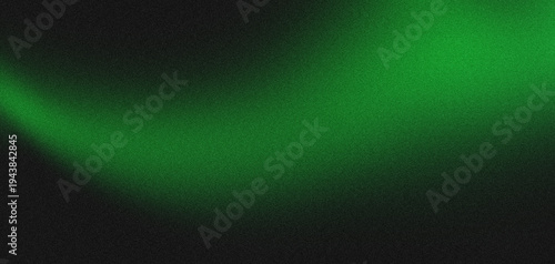 Abstract dark background with a dynamic, grainy emerald green light beam curving gracefully from the top-left, creating a textured and futuristic visual effect with ample copy space.