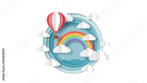 A hot air balloon floats serenely under a vibrant rainbow and scattered clouds in a clear blue sky.