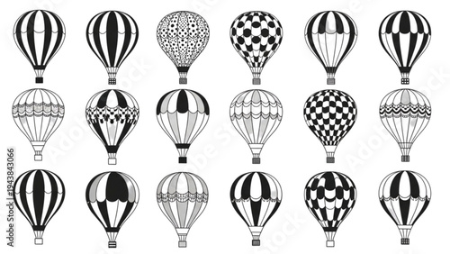 Hot air balloons fly in formation against clear sky backdrop