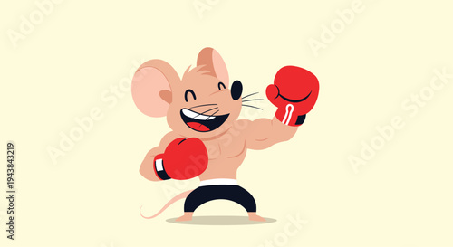 Muscular mouse character wearing red boxing gloves in a confident fighting stance on a light yellow background for sports mascot.