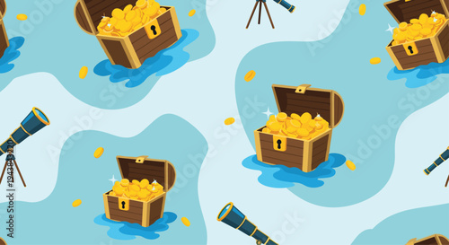 Seamless pattern of open treasure chests filled with gold coins and telescopes on a light blue water background for pirate adventure.