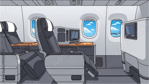 Airplane interior shows seats and screens in flight mode on board