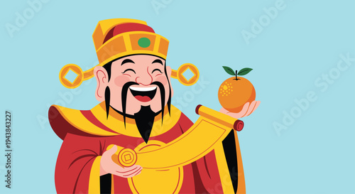 God of wealth caishen character holding a traditional golden scroll and a fresh orange for new year luck and prosperity celebration.