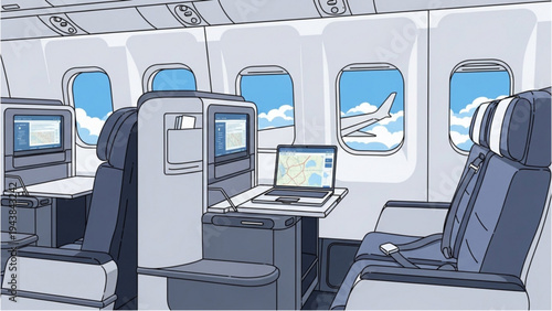 The interior of an airplane shows seats and a laptop on a tray table by the window.