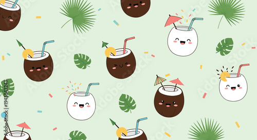 Pattern of cute coconut drinks with straws umbrellas and tropical leaves on a light green summer background for vacation and beach.