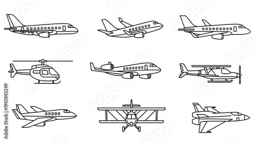 Various aircraft fly through clear sky conditions in different directions.