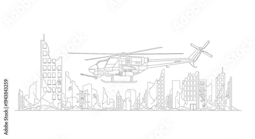 Helicopter flying over destroyed city ruins, war aftermath, urban devastation