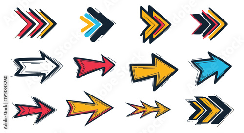Collection of various colorful and sketchy hand-drawn arrows pointing right on a white background for business or creative projects.