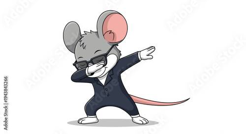 Smart mouse character wearing a dark suit and glasses while performing a popular dab dance move for fun and creative mascot designs.