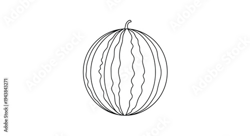 Simple black and white outline of a whole round watermelon with its characteristic stripes for kids coloring and education activity.