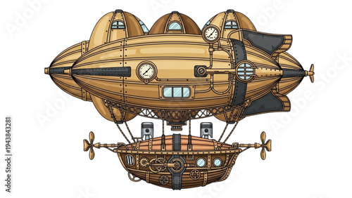 A steampunk airship floats in the sky with a copper-colored envelope.