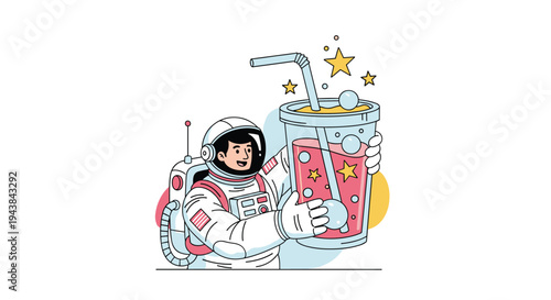 Astronaut in full spacesuit holding a giant colorful soda cup with a straw and floating stars in a quirky space theme illustration.