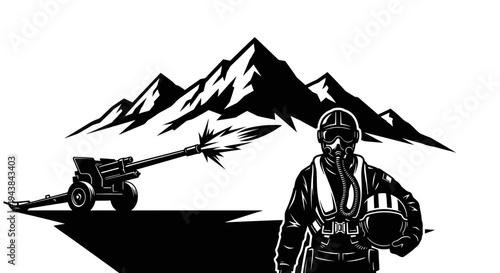 Military Pilot, Artillery Cannon Firing, Mountain Landscape, Black and White Vector Art