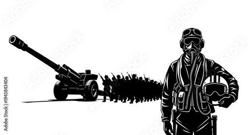 Military Pilot, Artillery Cannon, Soldier Lineup, War Concept, Black and White