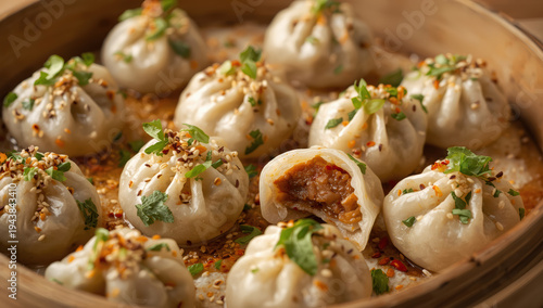 Wallpaper Mural Steamed pork dumpling with savory filling topped with sesame and cilantro, warm and appetizing Torontodigital.ca