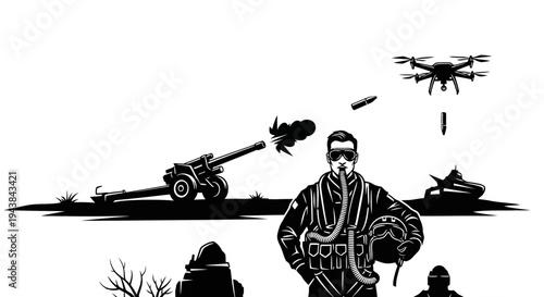 Military Pilot, Drone, Artillery, Tank, and Missile: Modern Warfare Concept