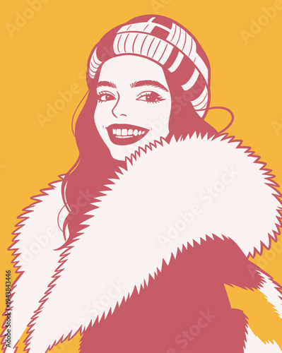 A woman smiles while wearing a warm coat and hat. The bright background adds a cheerful feeling to the scene.