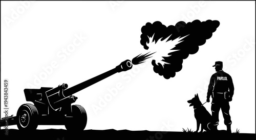 Military Police Officer and Dog Observe Artillery Cannon Firing