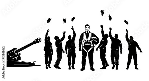 Military Pilots Celebrate Victory, Throwing Helmets in the Air with Artillery Gun