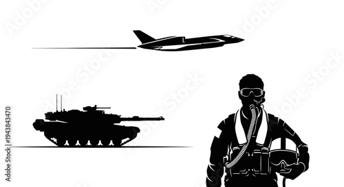 Military Power: Fighter Jet, Tank, and Pilot Silhouette - Air, Land, and Air Force Combat