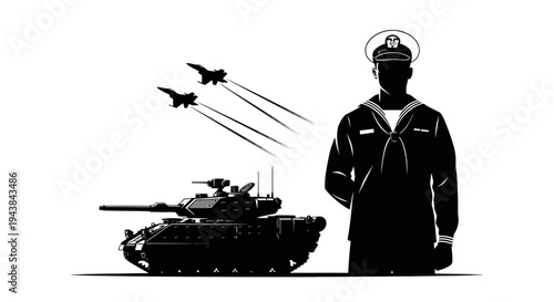 Military Power: Navy Sailor, Tank, and Fighter Jets in Silhouette