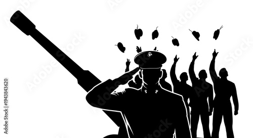 Military Salute Silhouette: Soldiers Honoring Fallen Heroes with Cannon and Wreath Toss