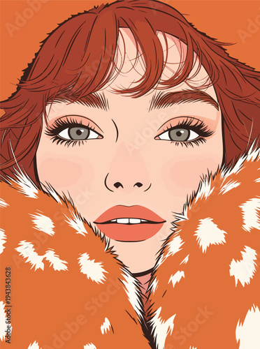 A woman with red hair gazes at the viewer while dressed in orange fur. The background matches her outfit, adding bright color.