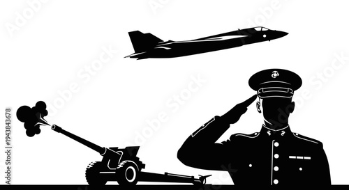 Military Salute: Soldier, Jet, and Cannon Symbolizing Armed Forces and Patriotism
