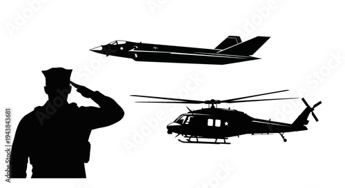 Military Salute: Soldier, Jet Fighter, and Helicopter Silhouette on White Background