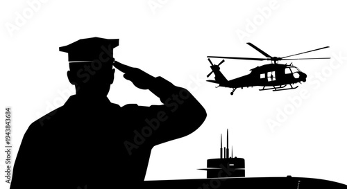Military Salute: Soldier, Submarine, and Helicopter Silhouette