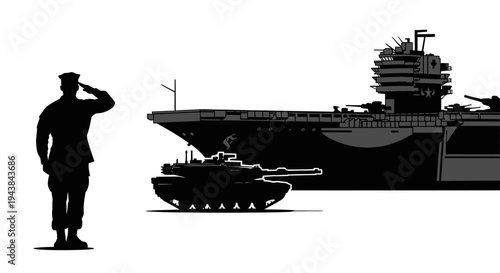 Military Salute: Soldier, Tank, and Aircraft Carrier Silhouette