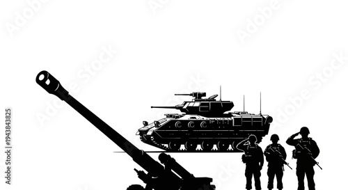 Military Silhouette: Artillery, Tank, Soldiers on White Background