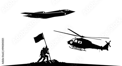 Military Silhouette: Jet, Helicopter, and Flag Raising Soldiers