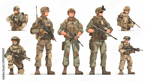 Dynamic Vector Illustration Set of Modern Army Soldiers in Combat Gear, Diverse Military Personnel Posing with Weapons for Tactical Design Projects
