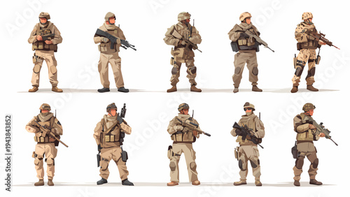 Military personnel in modern army uniform standing in formation with rifles in various positions