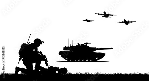 Military Silhouette: Soldier, Tank, and Airplanes in Combat Scene