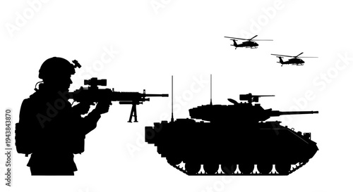 Military Silhouette: Soldier, Tank, and Helicopters in Combat Formation