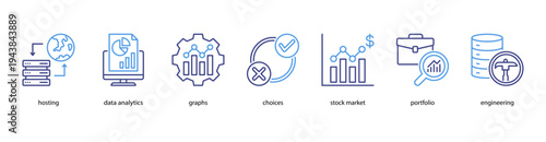 Business Intelligence web banner icon vector illustration featuring Hosting, Data Analytics, Graphs, Choices, Stock Market, Portfolio, and Engineering.