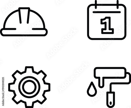 Construction and industrial maintenance icons set, safety hard hat, project calendar, settings gear and paint roller