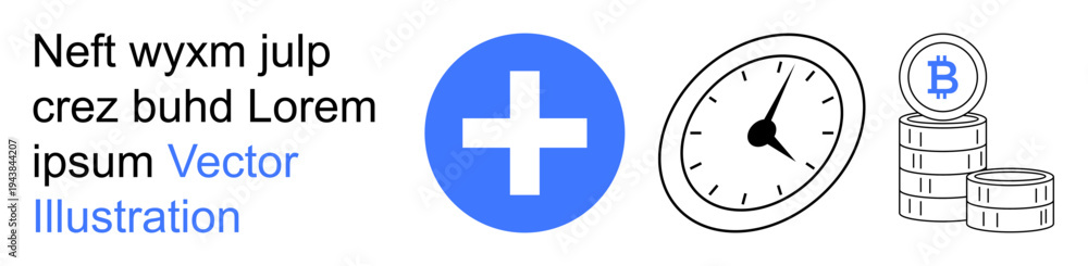 Fototapeta premium Cryptocurrency, investment, time management, financial transactions, health economics, digital assets. A blue plus symbol, clock and bitcoin coins. Cryptocurrency and investment concepts