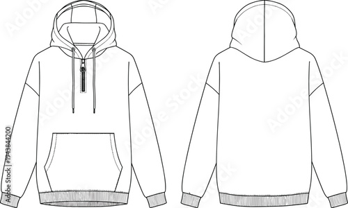 Hooded pullover sweatshirt vector drawing, cad fashion sketch, technical hoodie front and back, flat sketch template for apparel design