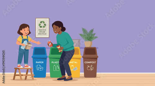 Person Standing on Stepladder Sorting Household Waste and Recycling