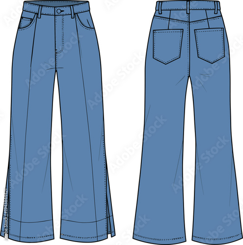 High waist denim flared jeans with front and back pockets, cad technical sketch, flat vector illustration, fashion garment drawing