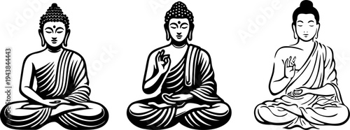 Three Seated Buddha Statues In Different Mudra Positions Vector