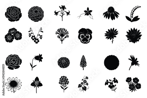 A diverse collection of black flower silhouettes, perfect for botanical themed designs and nature inspired projects.