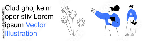 Business collaboration, teamwork, leadership, presentations, professional communication, corporate meetings. Two people discussing while pointing at plants. Business collaboration and teamwork