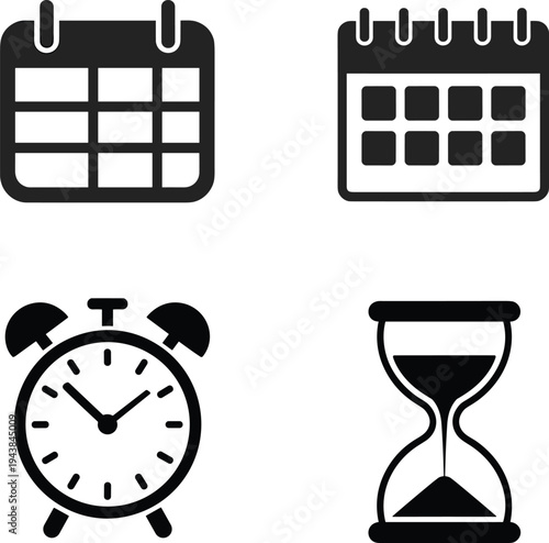 Time management and schedule planning icons set, calendar organizer, alarm clock and hourglass for deadline tracking