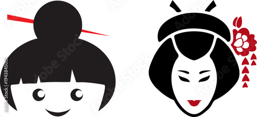 Japanese Geisha And Kokeshi Doll Face Vector