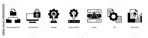 Information Security web banner icon vector illustration featuring File Management, Ransomware, Strategy, Legacy System, Server, ETL, and Document.