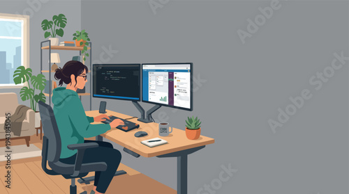 Person Working in a Cozy Modern Home Office Flat Illustration